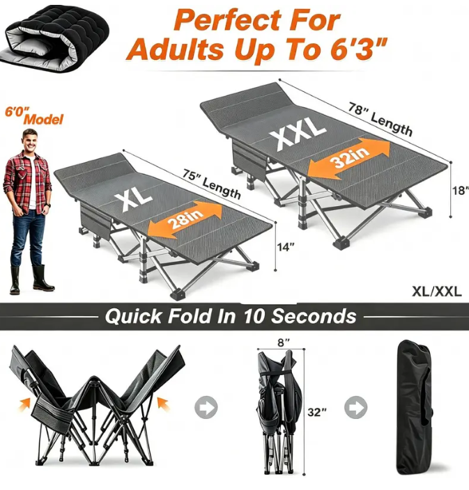 DoCred XXL Folding Camping Cot with Mattress, 880-Lb Heavy-Duty Portable Bed