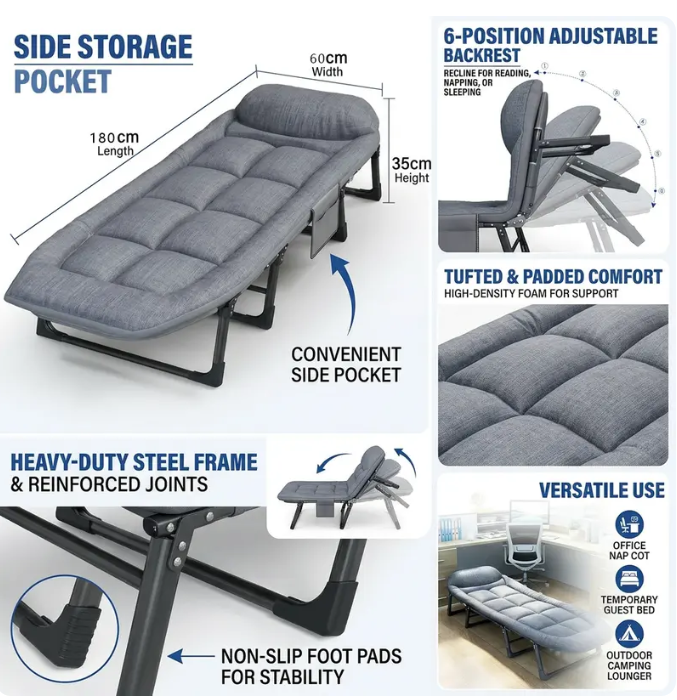 6-Position Adjustable Folding Bed – Portable Comfort for Lounging & Rest