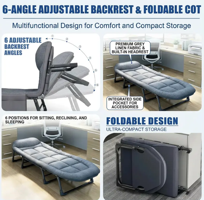 6-Position Adjustable Folding Bed – Portable Comfort for Lounging & Rest