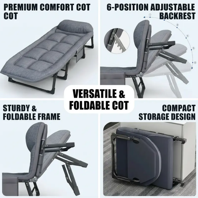 6-Position Adjustable Folding Bed – Portable Comfort for Lounging & Rest