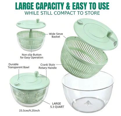 UFORU 5.3 Qt Family-Size Salad Spinner Set, 3-in-1 Rotating Washer, Colander & 5-Blade Slicer with Citrus Juicer and Cheese Prep Tools