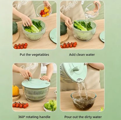 UFORU 5.3 Qt Family-Size Salad Spinner Set, 3-in-1 Rotating Washer, Colander & 5-Blade Slicer with Citrus Juicer and Cheese Prep Tools