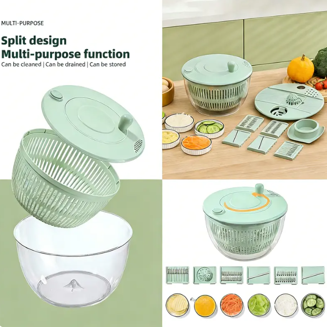 UFORU 5.3 Qt Family-Size Salad Spinner Set, 3-in-1 Rotating Washer, Colander & 5-Blade Slicer with Citrus Juicer and Cheese Prep Tools