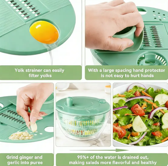 UFORU 5.3 Qt Family-Size Salad Spinner Set, 3-in-1 Rotating Washer, Colander & 5-Blade Slicer with Citrus Juicer and Cheese Prep Tools
