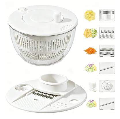 UFORU 5.3 Qt Family-Size Salad Spinner Set, 3-in-1 Rotating Washer, Colander & 5-Blade Slicer with Citrus Juicer and Cheese Prep Tools