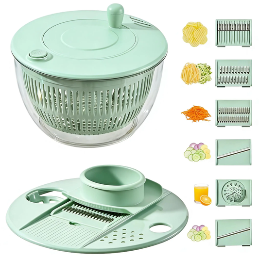 UFORU 5.3 Qt Family-Size Salad Spinner Set, 3-in-1 Rotating Washer, Colander & 5-Blade Slicer with Citrus Juicer and Cheese Prep Tools